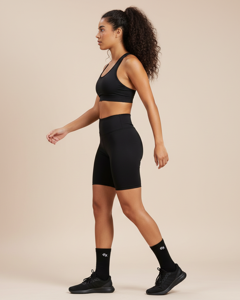 Woman wearing a black athletic outfit on a beige background