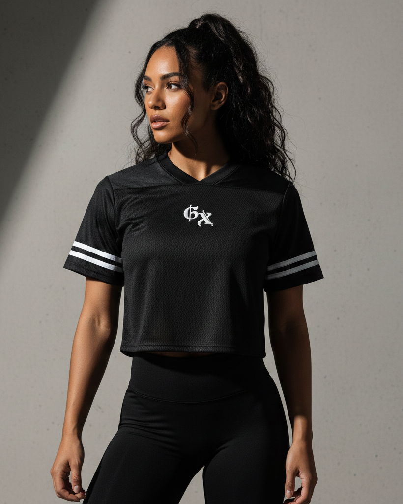 Woman wearing a black sports outfit with a logo on a gray background