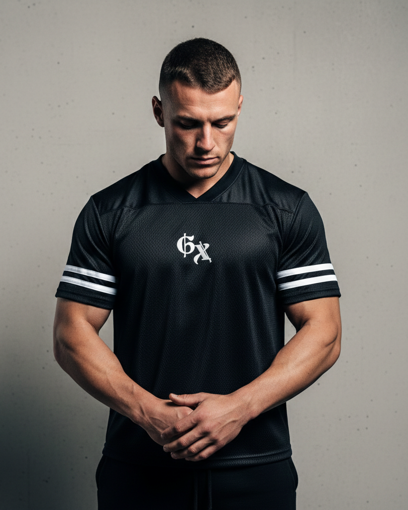 Man wearing a black sports jersey with white stripes and a logo on a gray background